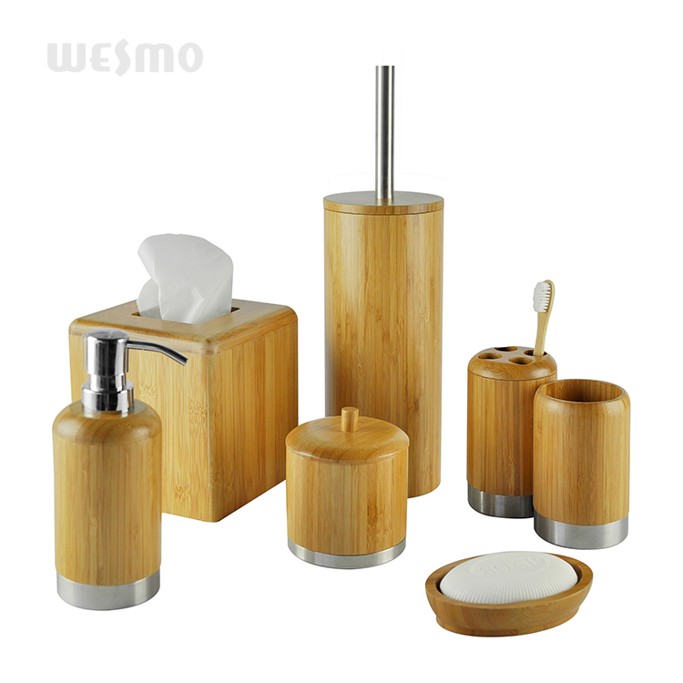 Traditional Bathroom Decorative Accessories Dark Carbonization Round Bamboo Bathroom Set